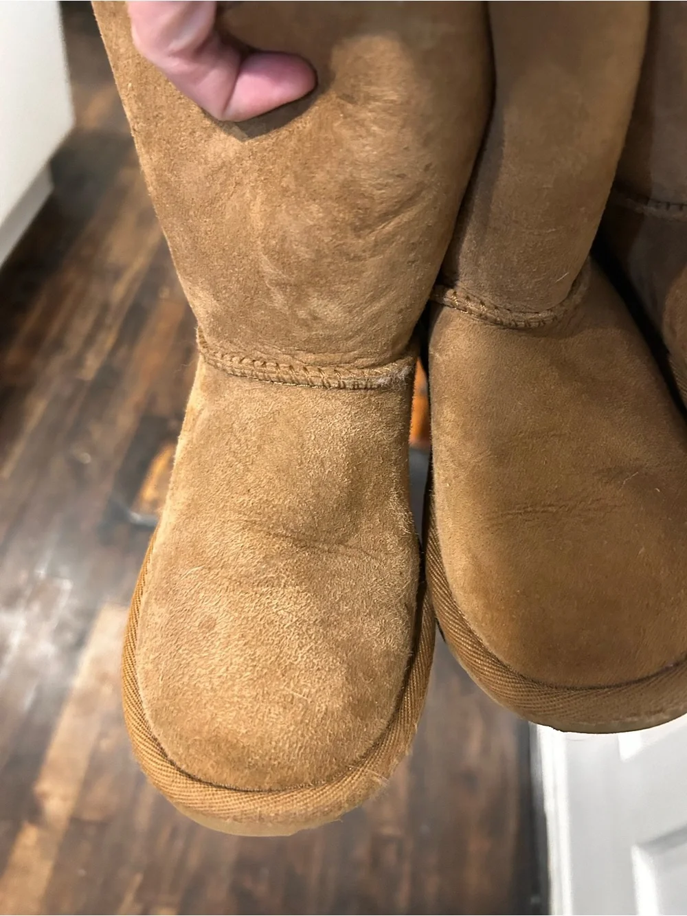 2 pair UGG Chestnut Satin Bow Back Shearling Booties, TWINS, Sz 11, excellent